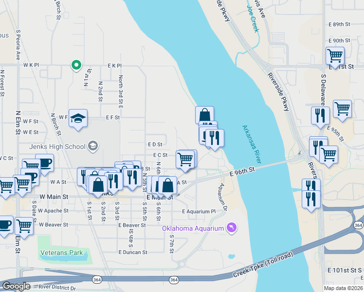 map of restaurants, bars, coffee shops, grocery stores, and more near 317 8th Street in Jenks