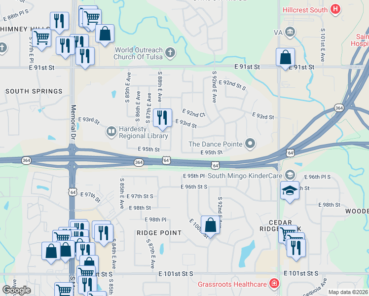 map of restaurants, bars, coffee shops, grocery stores, and more near 9368 South 89th East Avenue in Tulsa