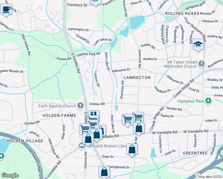 map of restaurants, bars, coffee shops, grocery stores, and more near 2616 Pine Lake Drive in Greensboro