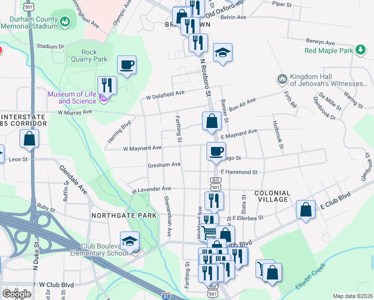 map of restaurants, bars, coffee shops, grocery stores, and more near 2702 Farthing Street in Durham