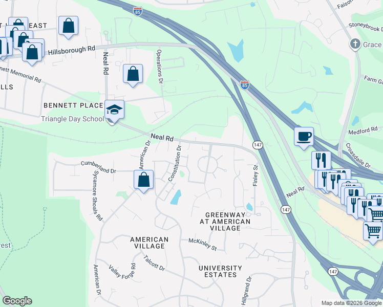 map of restaurants, bars, coffee shops, grocery stores, and more near 600 Remington Circle in Durham
