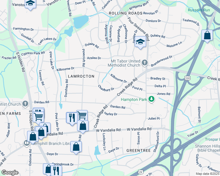 map of restaurants, bars, coffee shops, grocery stores, and more near 1 Chadbury Court in Greensboro