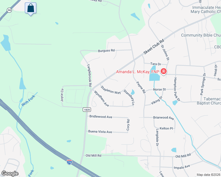 map of restaurants, bars, coffee shops, grocery stores, and more near 114 Stapleton Way in High Point