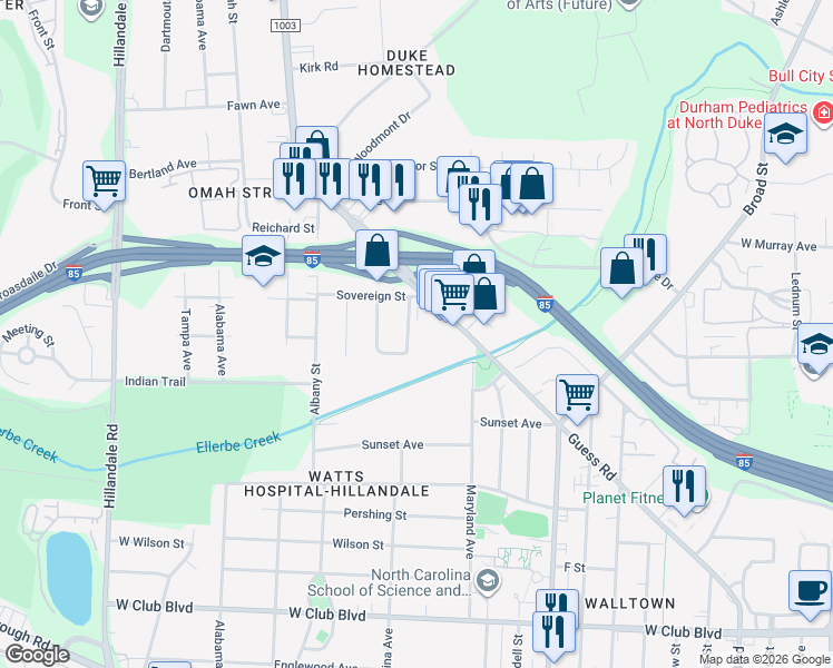 map of restaurants, bars, coffee shops, grocery stores, and more near 2517 Guess Road in Durham