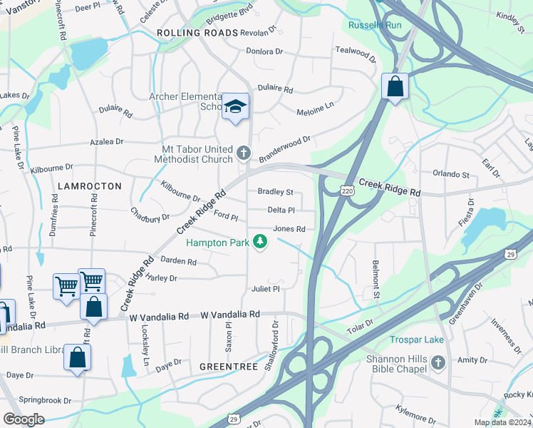 map of restaurants, bars, coffee shops, grocery stores, and more near 2233 Delta Place in Greensboro