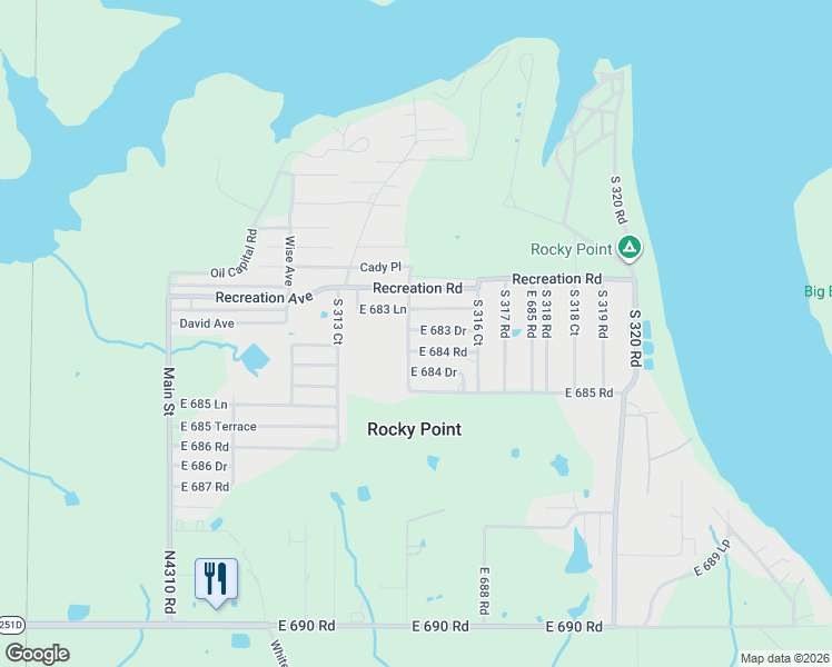 map of restaurants, bars, coffee shops, grocery stores, and more near 68346 South 315 Road in Wagoner