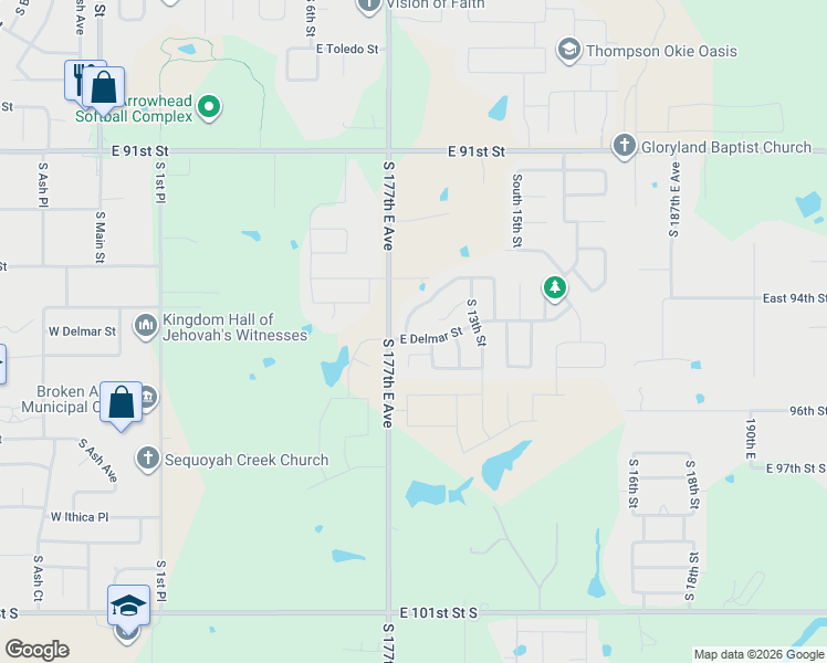 map of restaurants, bars, coffee shops, grocery stores, and more near 2519 South 10th Street in Broken Arrow