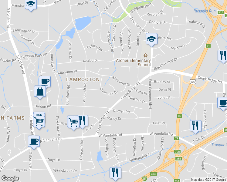 map of restaurants, bars, coffee shops, grocery stores, and more near 1 Chadbury Court in Greensboro