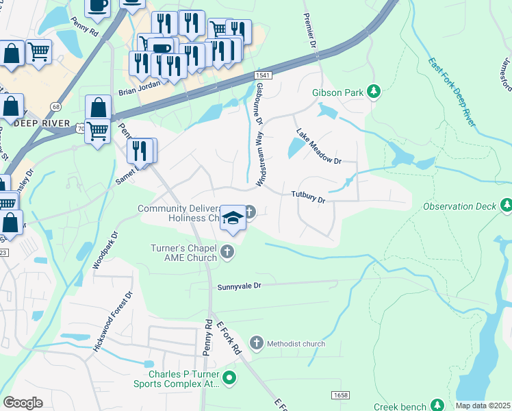 map of restaurants, bars, coffee shops, grocery stores, and more near 3804 Tutbury Drive in Jamestown