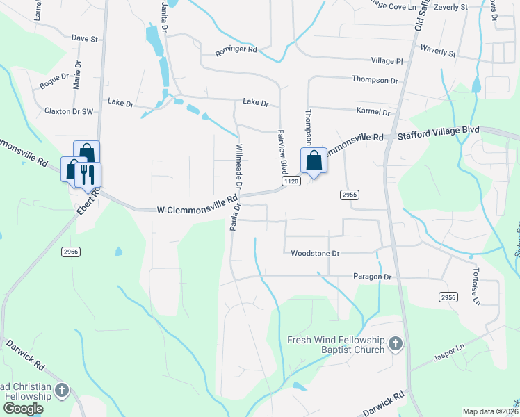 map of restaurants, bars, coffee shops, grocery stores, and more near 4205 Bailey Court in Winston-Salem