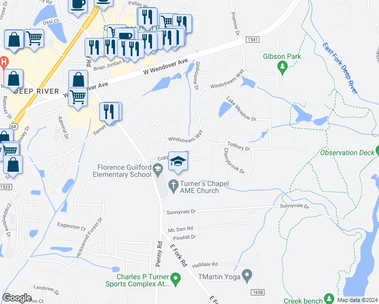 map of restaurants, bars, coffee shops, grocery stores, and more near 3874 Copperfield Court in High Point