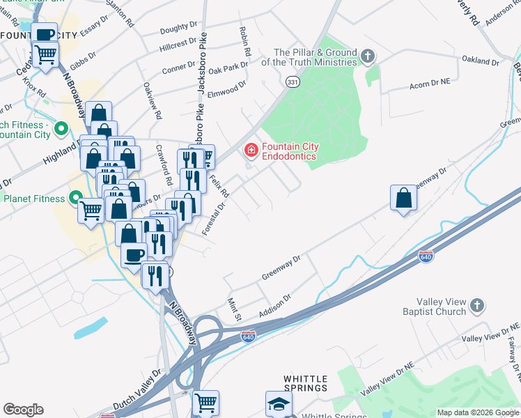 map of restaurants, bars, coffee shops, grocery stores, and more near 4746 Forest Landing Way in Knoxville