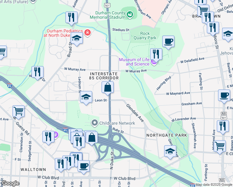 map of restaurants, bars, coffee shops, grocery stores, and more near 803 West Maynard Avenue in Durham