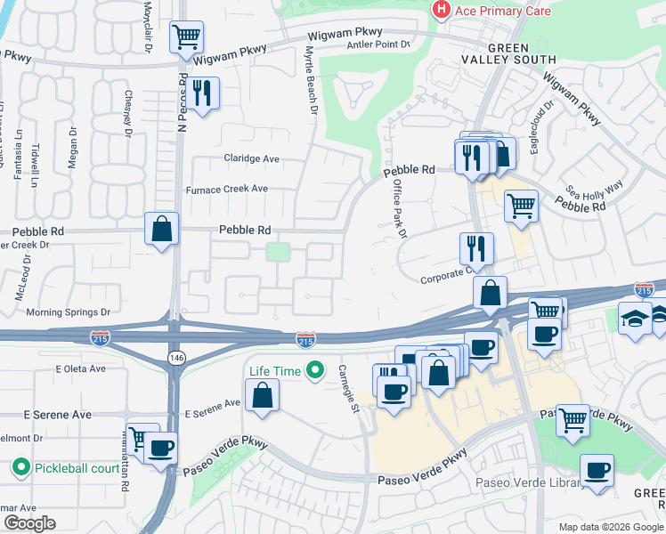 map of restaurants, bars, coffee shops, grocery stores, and more near 2407 Rue De Bourdeaux in Henderson