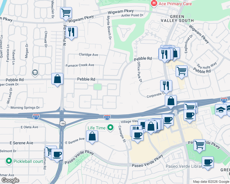 map of restaurants, bars, coffee shops, grocery stores, and more near 2407 Rue De Bourdeaux in Henderson
