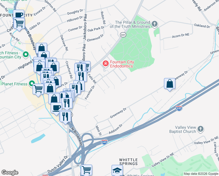 map of restaurants, bars, coffee shops, grocery stores, and more near 4746 Forest Landing Way in Knoxville