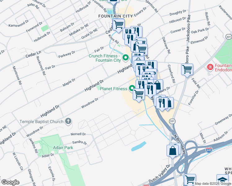 map of restaurants, bars, coffee shops, grocery stores, and more near 2533 Woodrow Drive in Knoxville