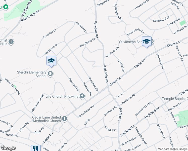 map of restaurants, bars, coffee shops, grocery stores, and more near 5511 South Briscoe Circle in Knoxville