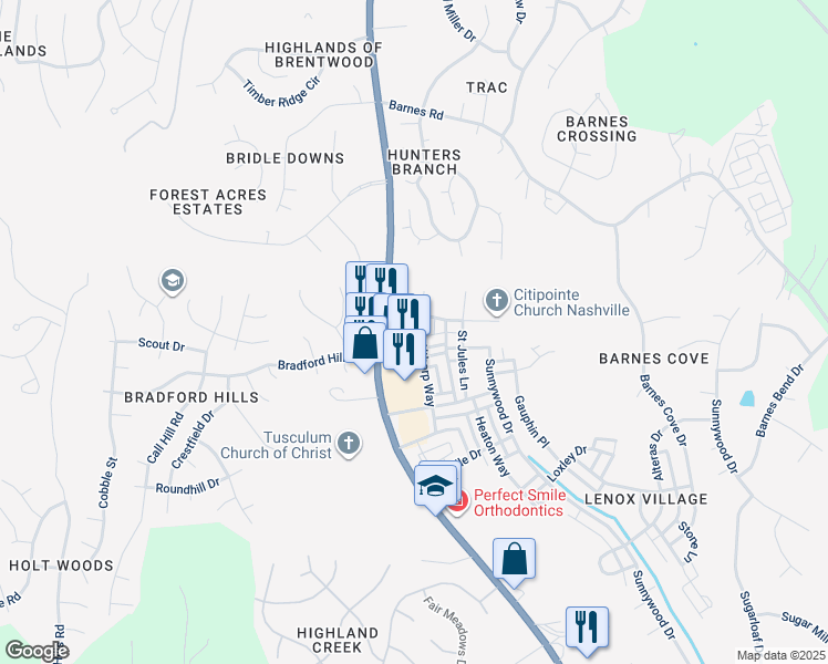 map of restaurants, bars, coffee shops, grocery stores, and more near 7419 Lords Chapel Drive in Nashville