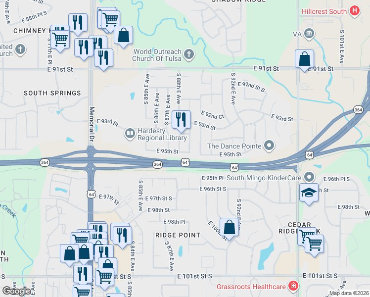 map of restaurants, bars, coffee shops, grocery stores, and more near 9415 South 88th East Avenue in Tulsa