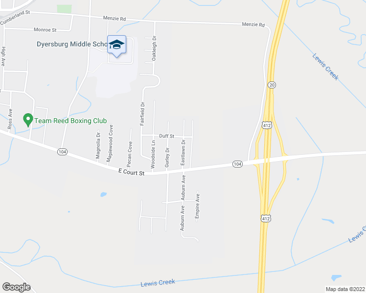 map of restaurants, bars, coffee shops, grocery stores, and more near 136 Eastlawn Drive in Dyersburg