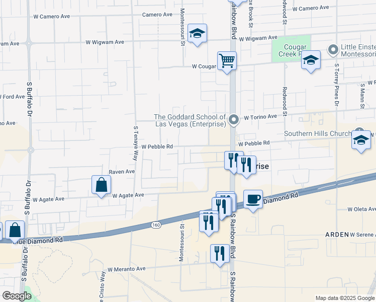 map of restaurants, bars, coffee shops, grocery stores, and more near 7190 West Pebble Road in Las Vegas