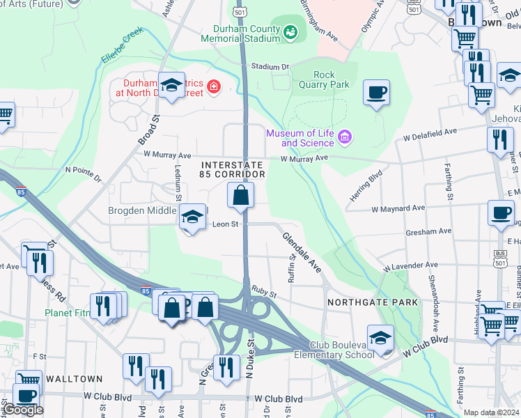 map of restaurants, bars, coffee shops, grocery stores, and more near 803 West Maynard Avenue in Durham