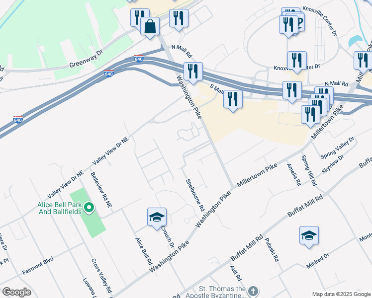 map of restaurants, bars, coffee shops, grocery stores, and more near 4405 Pinehurst Drive in Knoxville