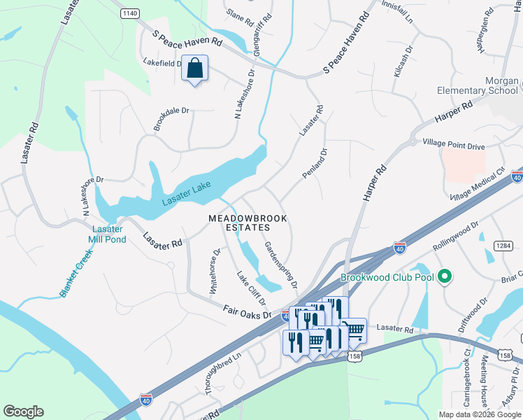map of restaurants, bars, coffee shops, grocery stores, and more near 7610 Lasater Road in Clemmons