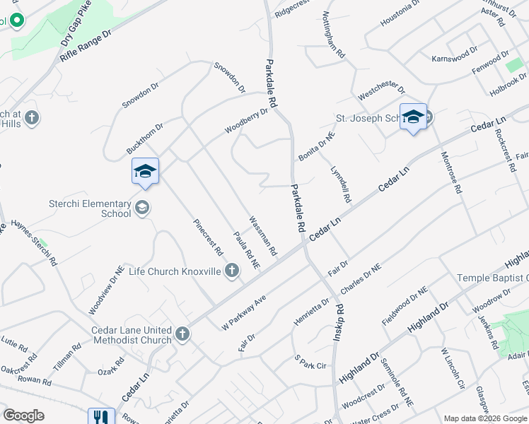 map of restaurants, bars, coffee shops, grocery stores, and more near 5511 South Briscoe Circle in Knoxville