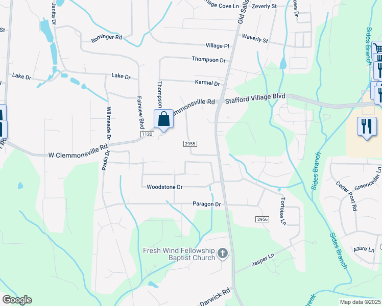 map of restaurants, bars, coffee shops, grocery stores, and more near 2716 Midpines Drive in Winston-Salem