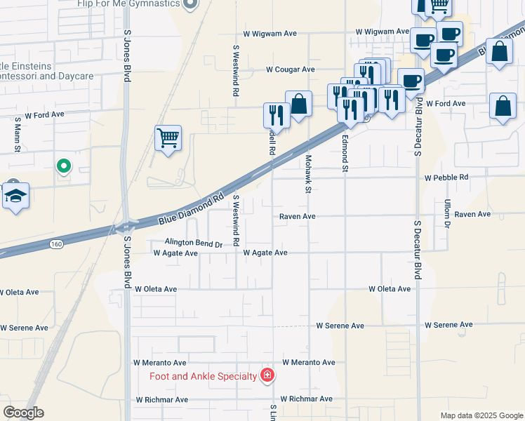 map of restaurants, bars, coffee shops, grocery stores, and more near 8985 South Lindell Road in Las Vegas
