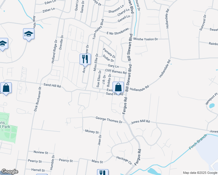map of restaurants, bars, coffee shops, grocery stores, and more near 414 Bobby Drive in La Vergne