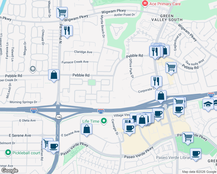 map of restaurants, bars, coffee shops, grocery stores, and more near 2407 Rue De Bourdeaux in Henderson