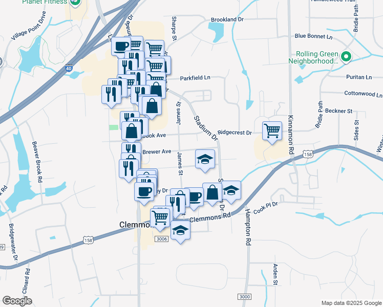 map of restaurants, bars, coffee shops, grocery stores, and more near 6234 Brewer Avenue in Clemmons