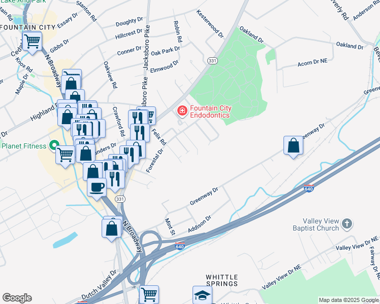 map of restaurants, bars, coffee shops, grocery stores, and more near 4706 Forest Landing Way in Knoxville