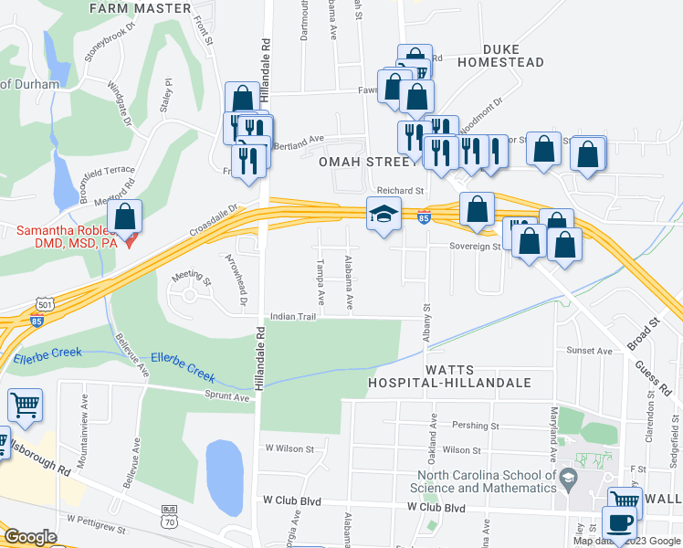 map of restaurants, bars, coffee shops, grocery stores, and more near 2301 Alabama Avenue in Durham