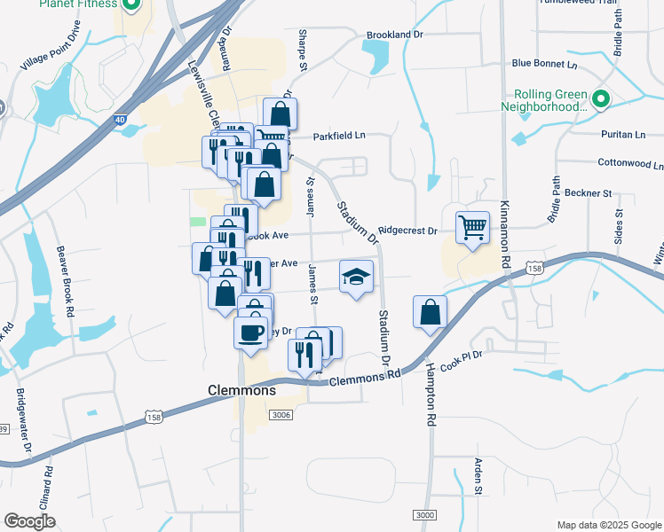 map of restaurants, bars, coffee shops, grocery stores, and more near 6234 Brewer Avenue in Clemmons