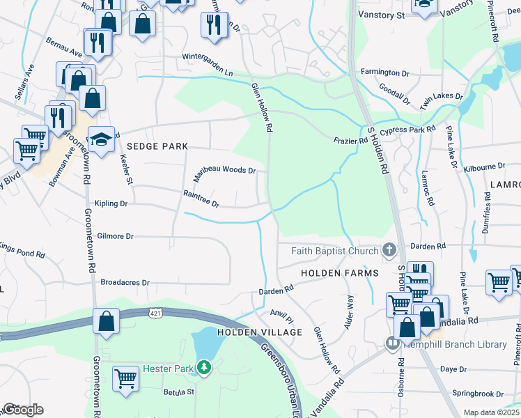 map of restaurants, bars, coffee shops, grocery stores, and more near 3801 Raintree Drive in Greensboro