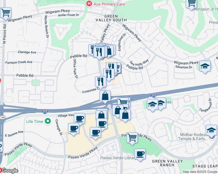 map of restaurants, bars, coffee shops, grocery stores, and more near 400 North Green Valley Parkway in Henderson