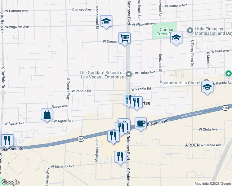 map of restaurants, bars, coffee shops, grocery stores, and more near 7030 West Pebble Road in Las Vegas