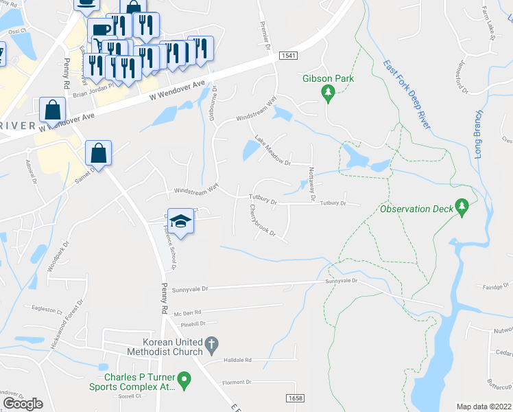 map of restaurants, bars, coffee shops, grocery stores, and more near 3346 Cherrybrook Drive in Jamestown