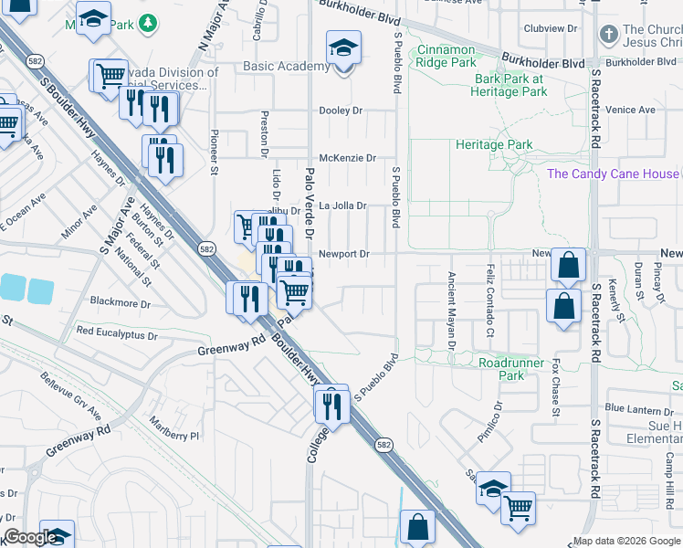 map of restaurants, bars, coffee shops, grocery stores, and more near 119 Hexham Court in Henderson