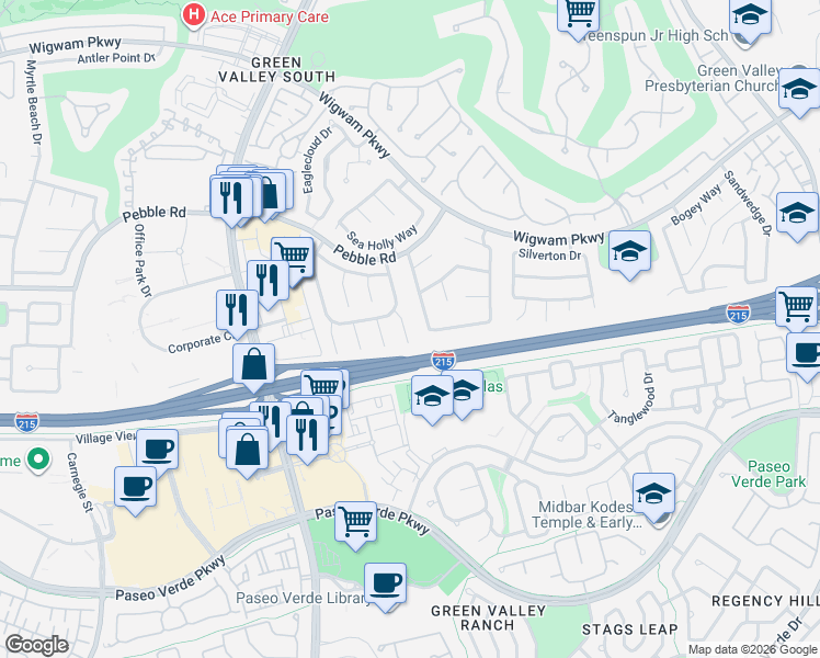 map of restaurants, bars, coffee shops, grocery stores, and more near 2118 Fountain Springs Drive in Henderson