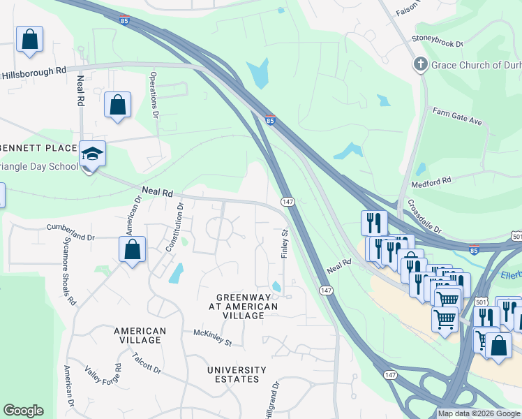 map of restaurants, bars, coffee shops, grocery stores, and more near 4102 Neal Road in Durham