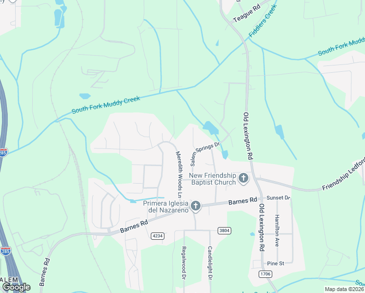 map of restaurants, bars, coffee shops, grocery stores, and more near 4121 Meredith Woods Lane in Winston-Salem