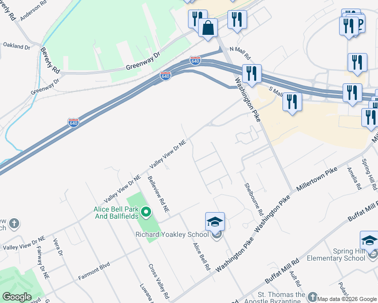 map of restaurants, bars, coffee shops, grocery stores, and more near 3535 Laurel View Road in Knoxville