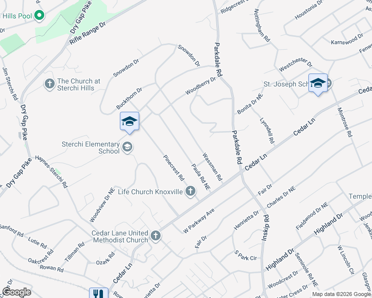 map of restaurants, bars, coffee shops, grocery stores, and more near 5608 Paula Road Northeast in Knoxville