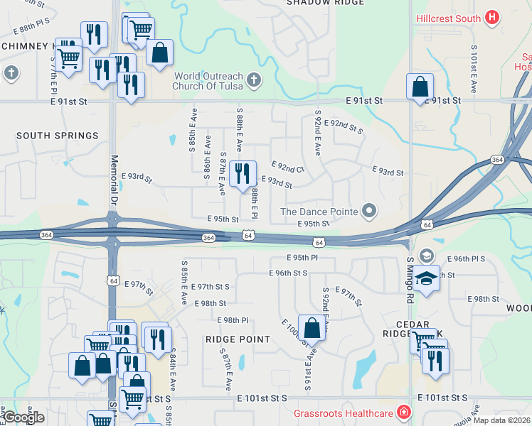 map of restaurants, bars, coffee shops, grocery stores, and more near 9330 South 89th East Avenue in Tulsa