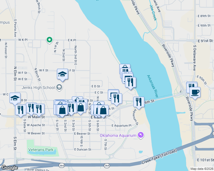 map of restaurants, bars, coffee shops, grocery stores, and more near 517 North 6th Street in Jenks